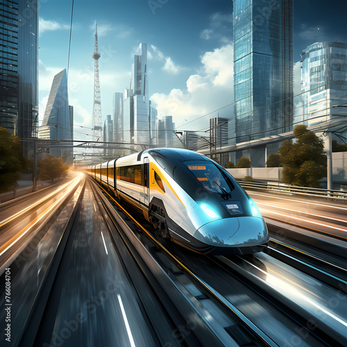 A high-speed train rushing through a modern urban track