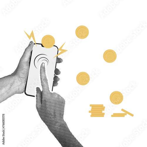 Trendy halftone collage Hand shows on phone display. Coins flying in different directions, stacks of coins. Buying, selling, coins. Abstract template. Vector illustration