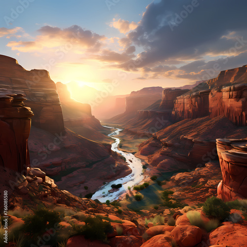 A panoramic view of a canyon at sunrise.  photo