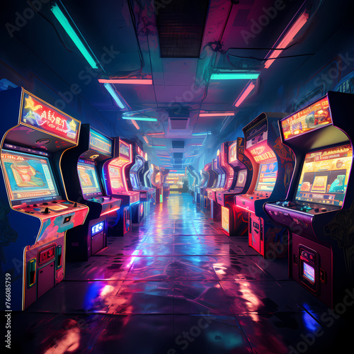 A retro arcade with classic video games and colorful screens