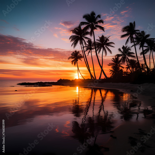 A serene beach at sunset with palm trees.