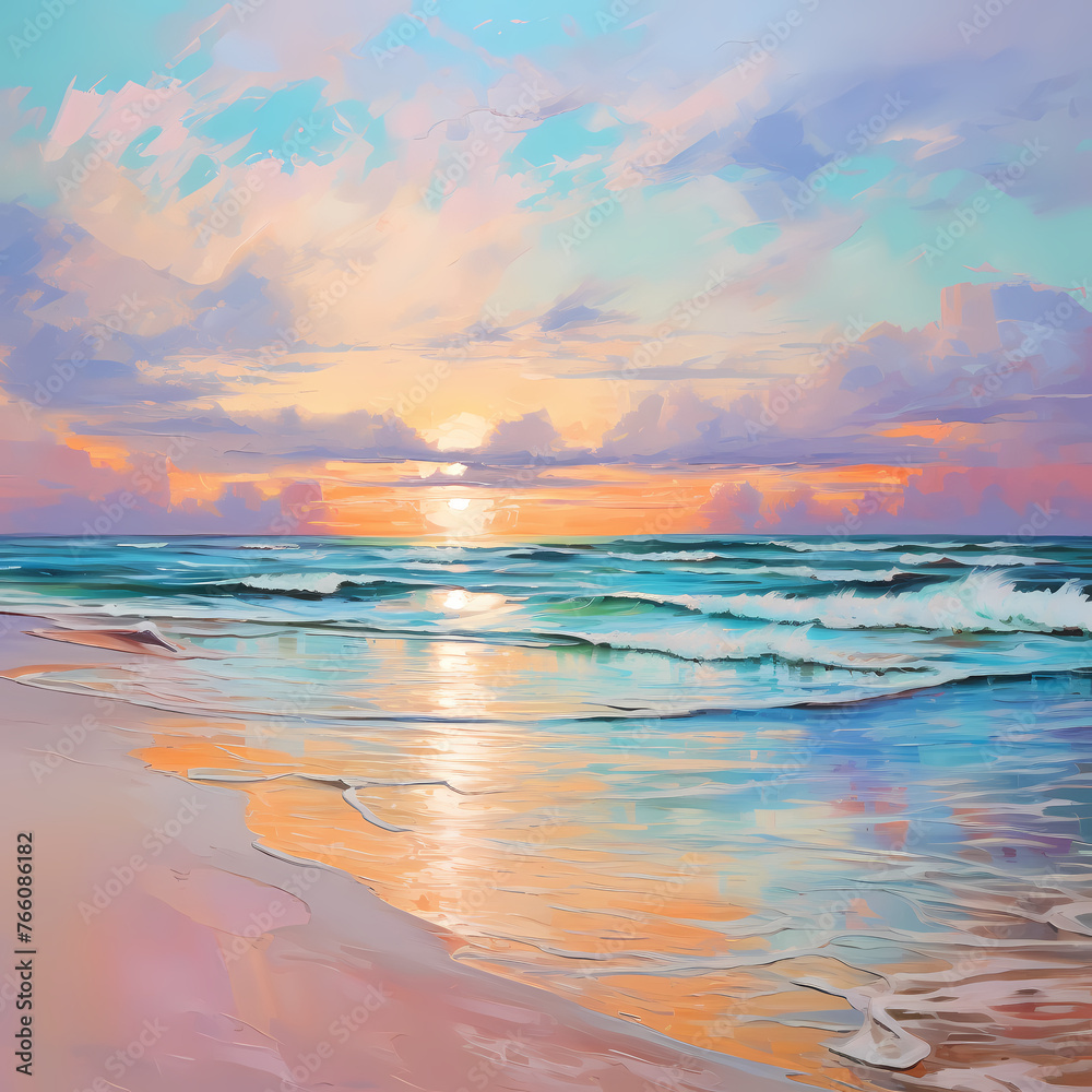 A serene beach sunset with vibrant pastel colors. 