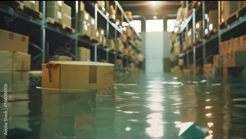 a flooded warehouse with boxes floating on the water photo