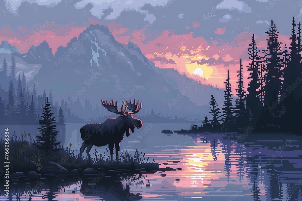 Moose pixel art head shaking animation misty lake dawn majestic and calm