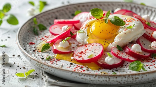 Morning healthy breakfast with red radish and egg poach in a white plate with a rusty wall backdrop and space for text, Generative AI.