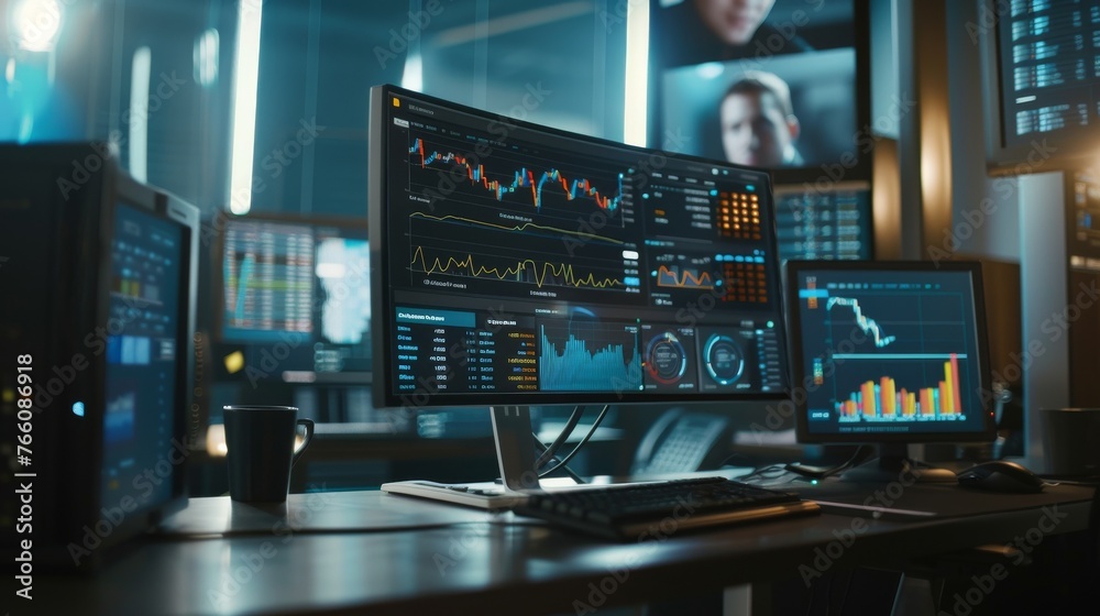 a desktop with dual monitors; one screen showing live forex rates and the other an online remittance transaction in progress detailed enough to see the reflection of hopeful faces on the screen - obrazy, fototapety, plakaty 