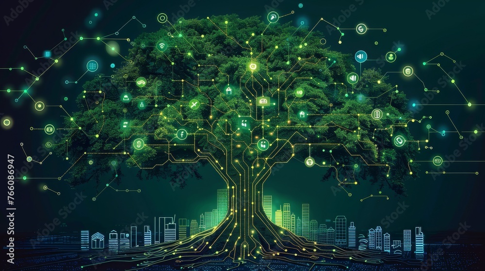 Stylized illustration of a majestic tree whose roots are made of ...