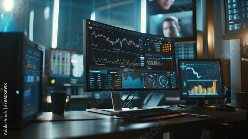 a desktop with dual monitors; one screen showing live forex rates and the other an online remittance transaction in progress detailed enough to see the reflection of hopeful faces on the screen