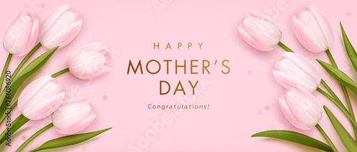 Mothers day horizontal poster or web banner with realistic 3d pink tulips and golden text on pink background. Floral festive elegant wallpaper. Vector illustration