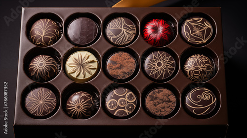 chocolate bar with chocolate, , Luxurious chocolate pralines with intricate designs, set against a rich, dark chocolate canvas 