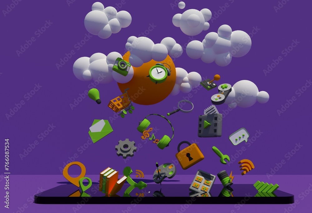 Icons with various phone applications falling into the smartphone from the clouds, 3D rendering of cartoon green orange purple flowers, concept of downloading applications from cloud services Icons with various phone applications falling into the smartphone from the clouds, 3D rendering of cartoon green orange purple flowers, concept of downloading applications from cloud services