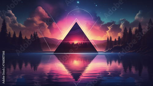 sunset over the lake  A tranquil lakefront framed by a neon triangle  with a retro futurist synthwave sky above 