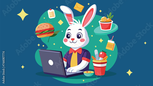 vector illustration of a rabbit who is order food from online