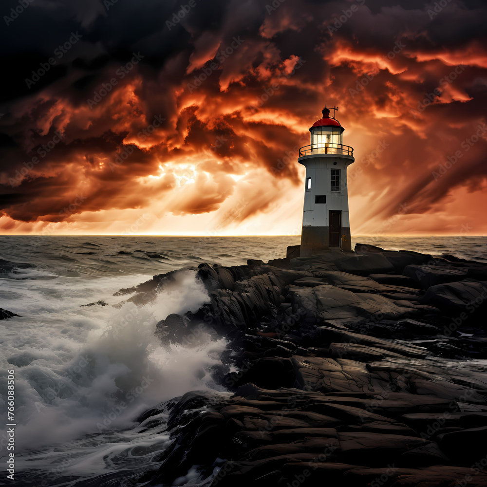A dramatic stormy sky over a coastal lighthouse.