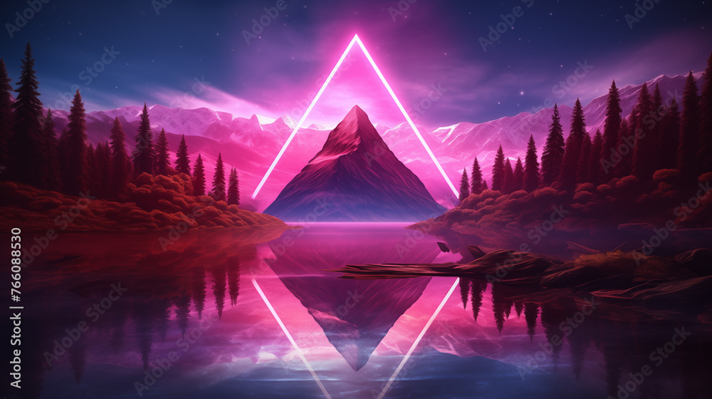A glowing neon triangle on a peaceful lake, set against a backdrop of synthwave-inspired mountains 