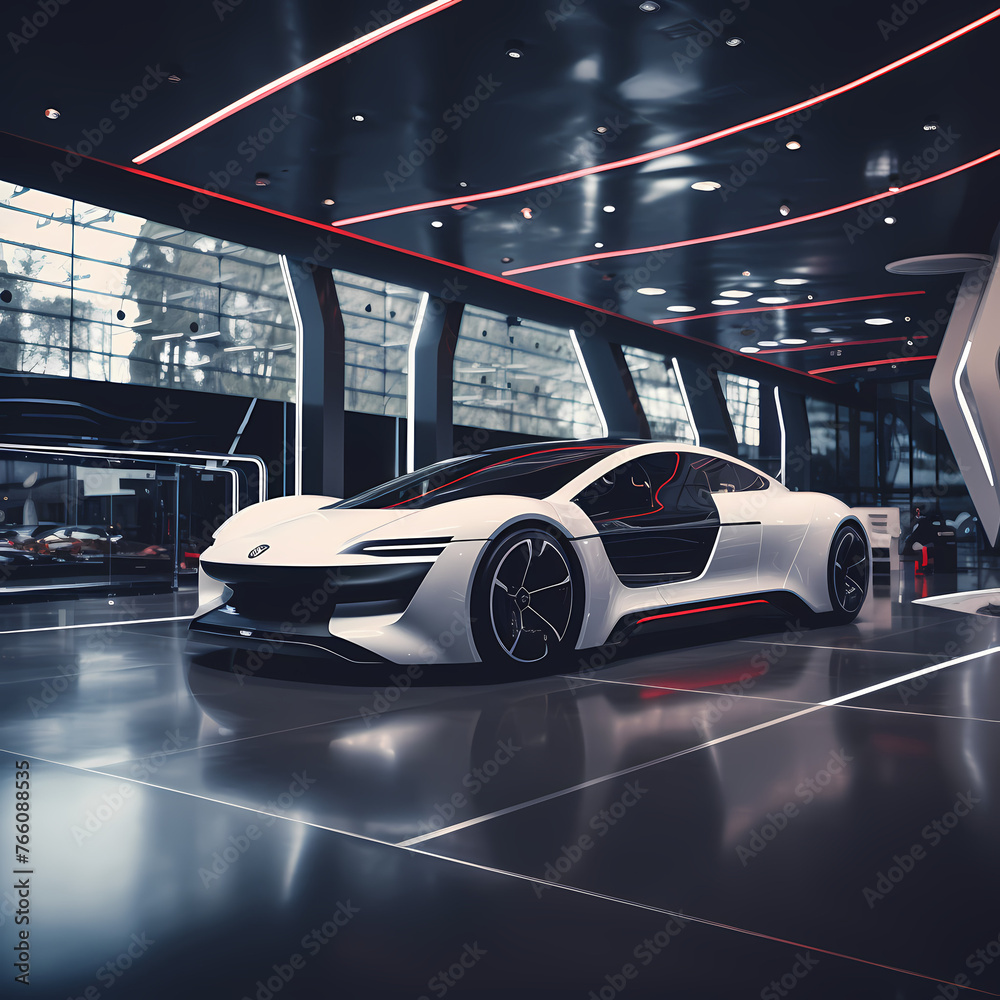 A futuristic car showroom with sleek electric vehicle