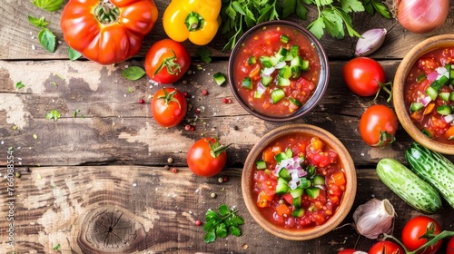 Fresh vegetables and delicious gazpacho served on a wooden table.