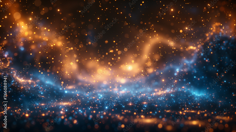 Fototapeta premium Double exposure Universal with abstract glitter lights. blue, gold and black in the air. de focused. banner.