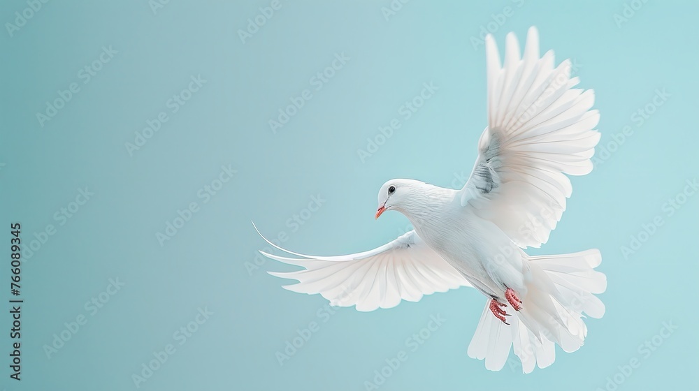 Over a pale blue setting, a white pigeon is in being in flight depicting peach freedom and space, Generative AI.
