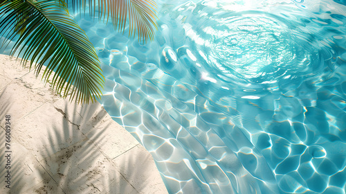 Swimming pool top view background. Water ring and palm shadow on travertine stone