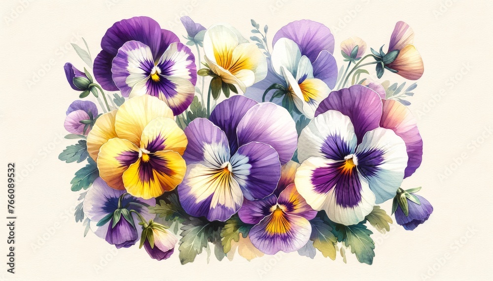 Watercolor pansy clipart in shades of purple, yellow, and white