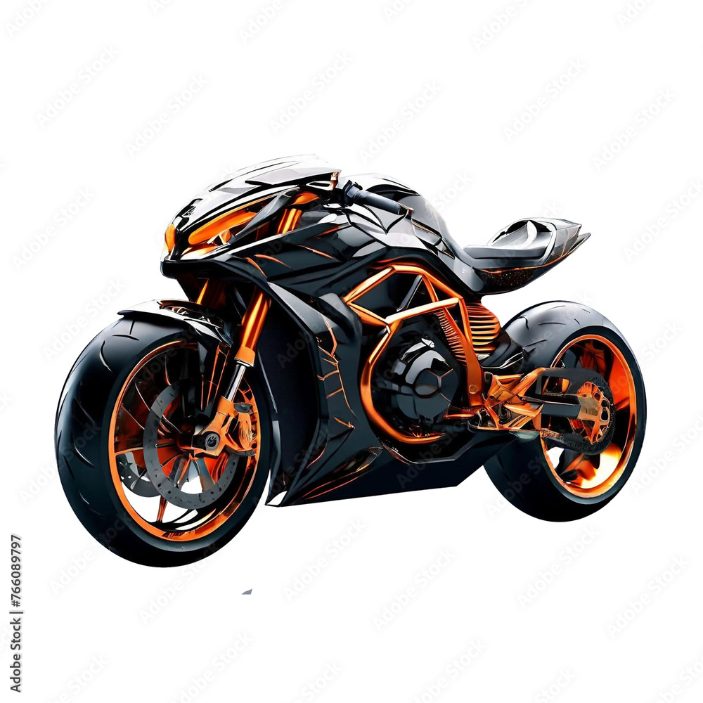 Futuristic black with orange accents sports motorcycle on isolated transparent background, ready for object and retouch design. Generative AI Futuristic black with orange accents sports motorcycle on isolated transparent background, ready for object and retouch design. Generative AI