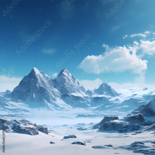 A snowy mountain range under a clear sky.  © Cao