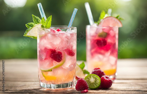 Lemonade in a glass with ice, lemon slices and strawberries on a wooden background 