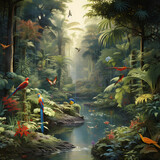 A tropical rainforest with exotic wildlife. 