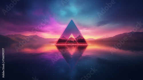 sailing boat in the sea, A neon triangle bordering the calm waters of a lake, with a retro synthwave palette in the background 