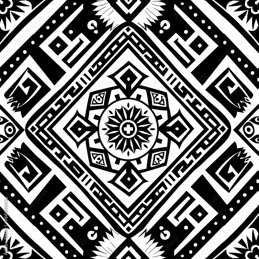 A black and white patterned design with a flower in the center