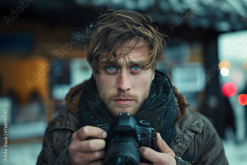 Tired male photograper in the winter outdoors photo