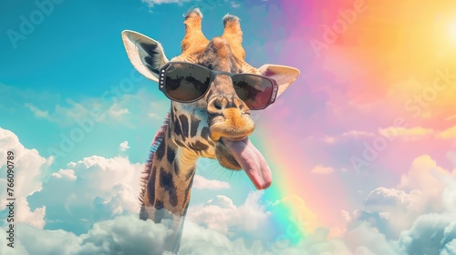 A funny giraffe emerges from the clouds, showing its tongue and wearing black sunglasses. Macho wearing awesome sunglasses against a rainbow and blue sky cloud background, taunting and making a face. photo