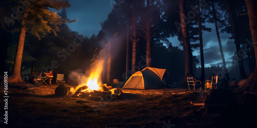 camp fire in the forest  Campfire Dreams camping   Nostalgic Campfire Glow vintage camping photo  Generative AI
