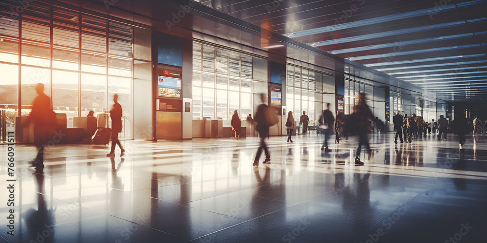 people in the airport, Walking Through the Air Travelers in Motion, International airport with people in walking in blurred motion background, Generative AI