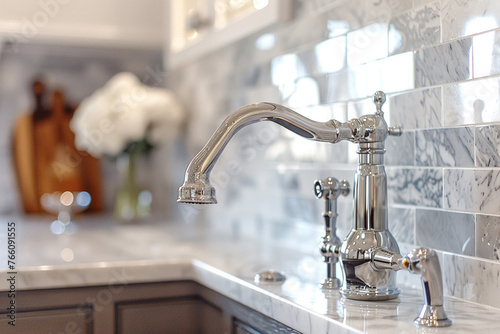 A kitchen faucet detail with a marble daisy flower tiled backsplash  white cabinets  chrome faucet  and a light brown quartz countertop