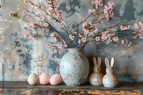 Home interior with easter decor, spring flowers in a vase and easter eggs. © ELmidoi-AI