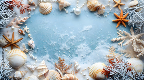 The image features a blue and white background with various starfish and pearls scattered across. © wcirco