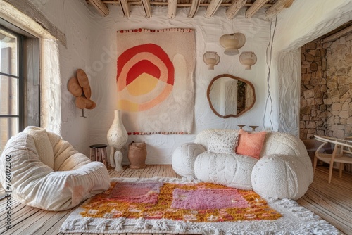 A rustic yet cozy living area with comfortable seating, woven textures, and a warm-colored abstract tapestry on the wall photo
