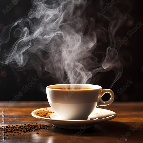 Close-up of a coffee cup with steam rising.
