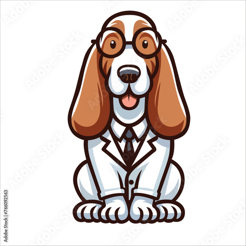 Basset Hound dog sitting and wearing glasses vector, dog cartoon illustration, cute dog doctor design

