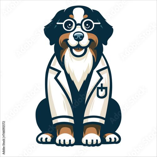 Bernese Mountain dog sitting and wearing glasses vector, dog cartoon illustration, cute dog doctor design
