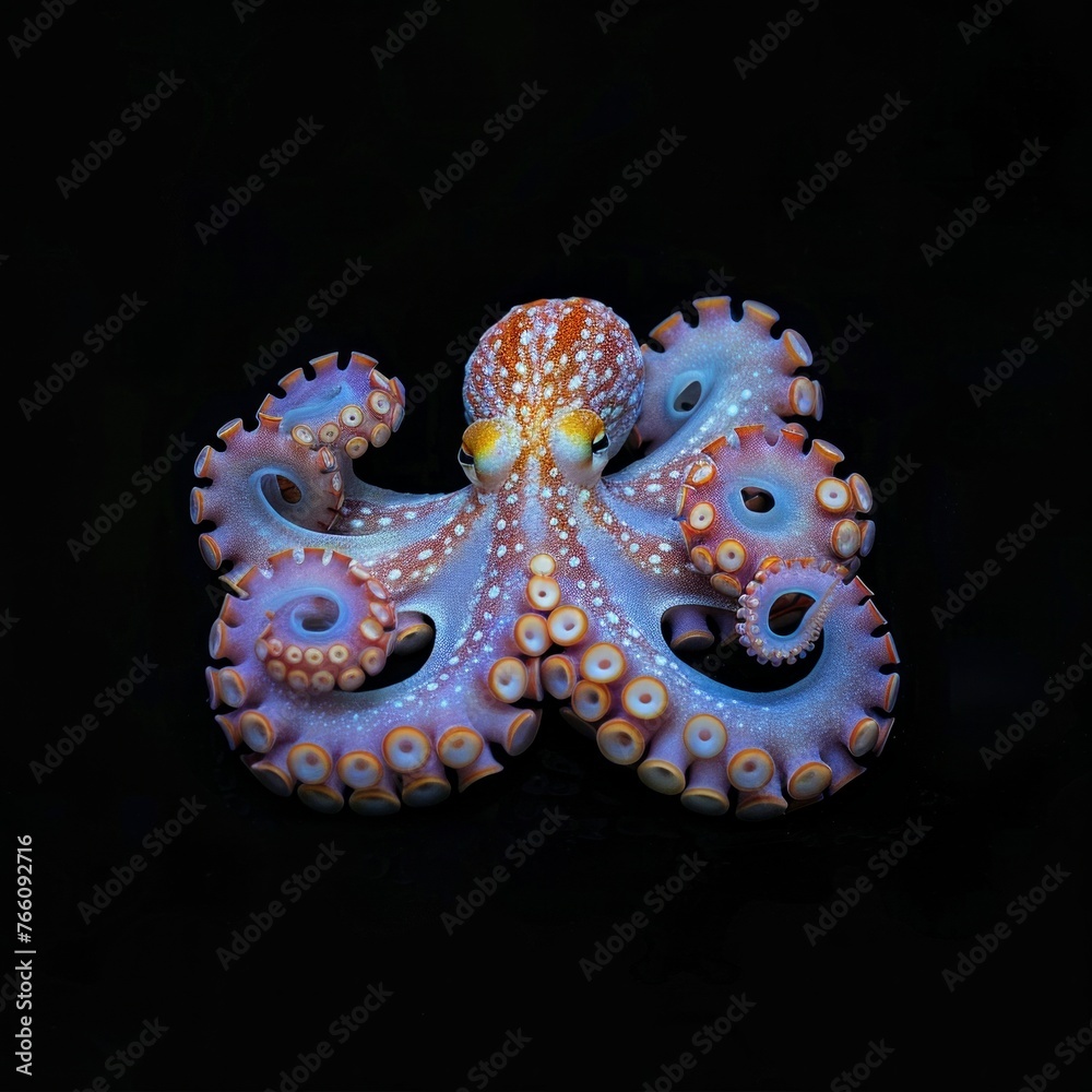 Fototapeta premium An artistic depiction of an octopus with detailed suction cups and mesmerizing patterns set against a black void