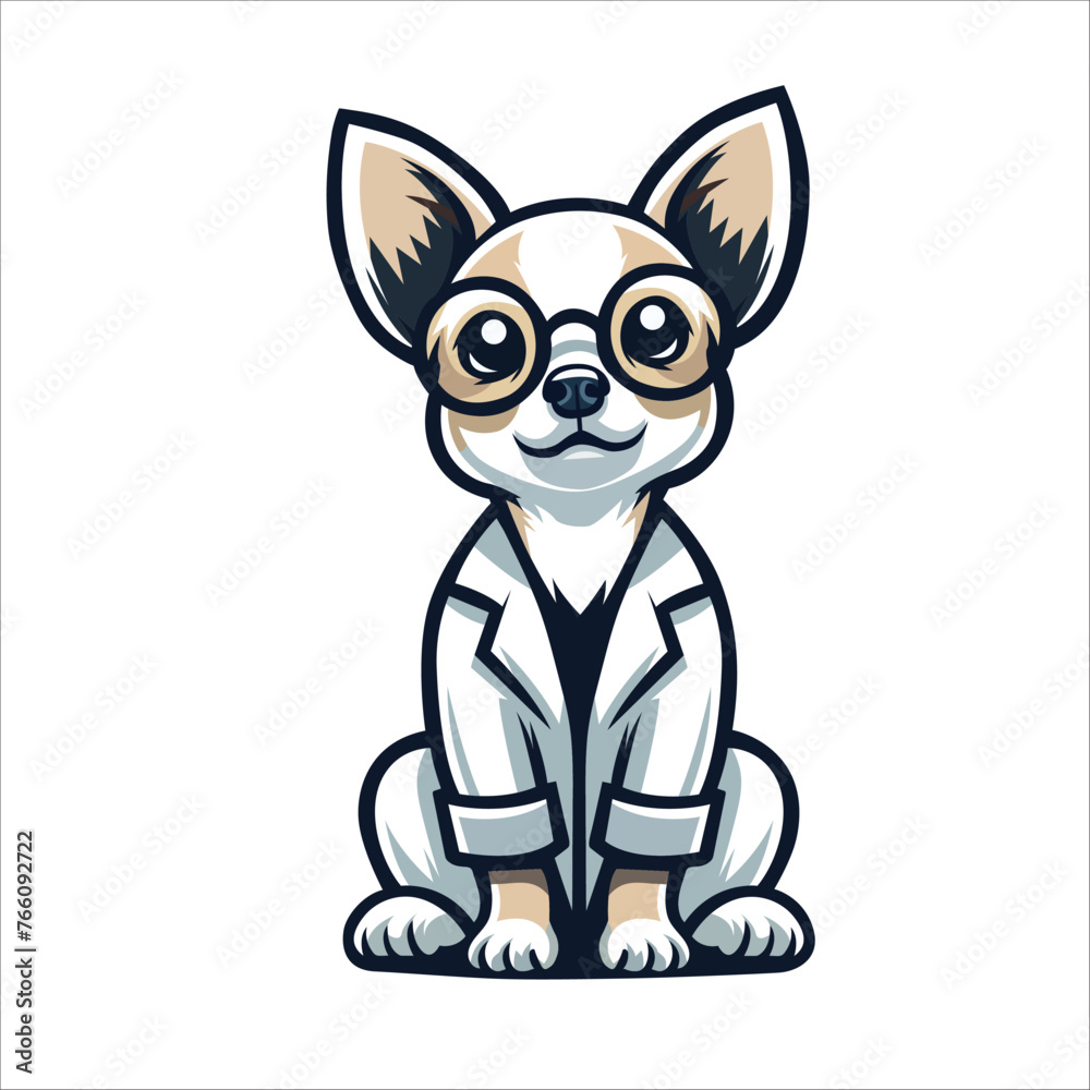 Obraz premium Chihuahua dog sitting and wearing glasses vector, dog cartoon illustration, cute dog doctor design 