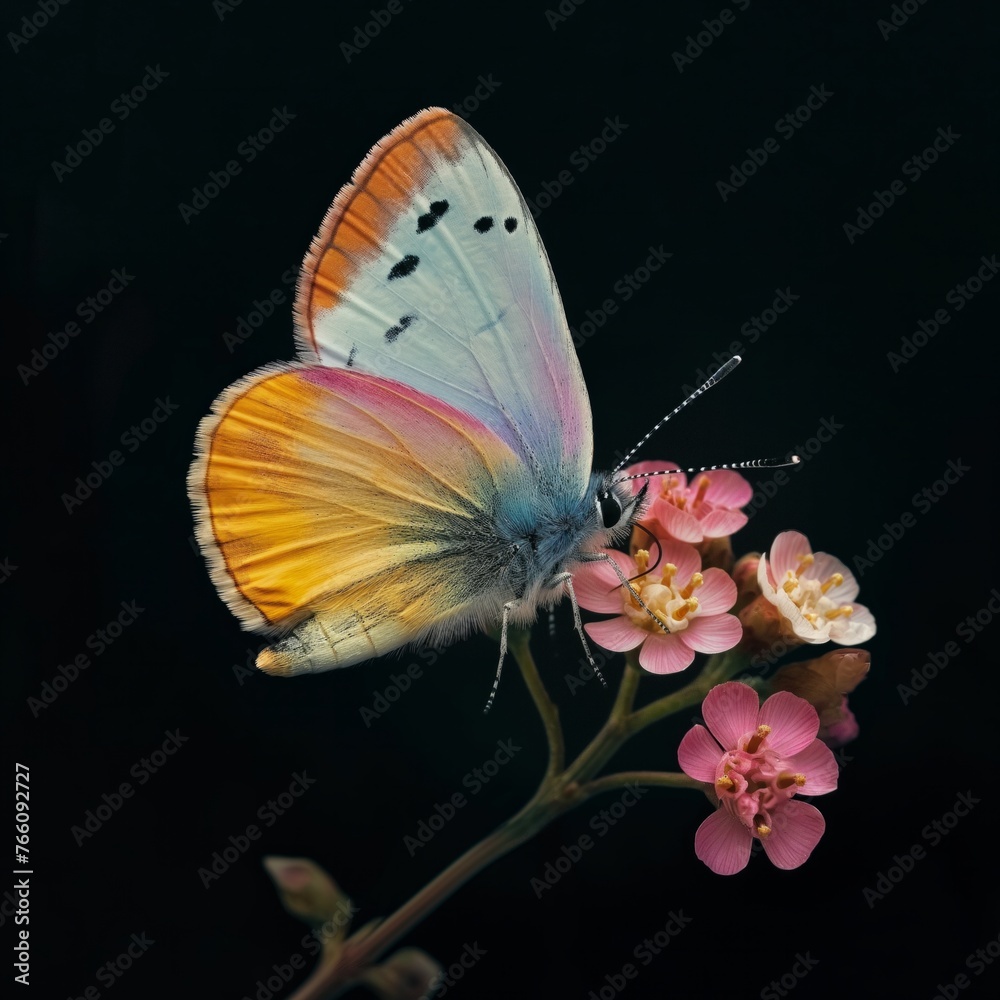 Obraz premium A stunning closeup image capturing the delicate details of a vibrant butterfly perched on dainty pink flowers with a black background