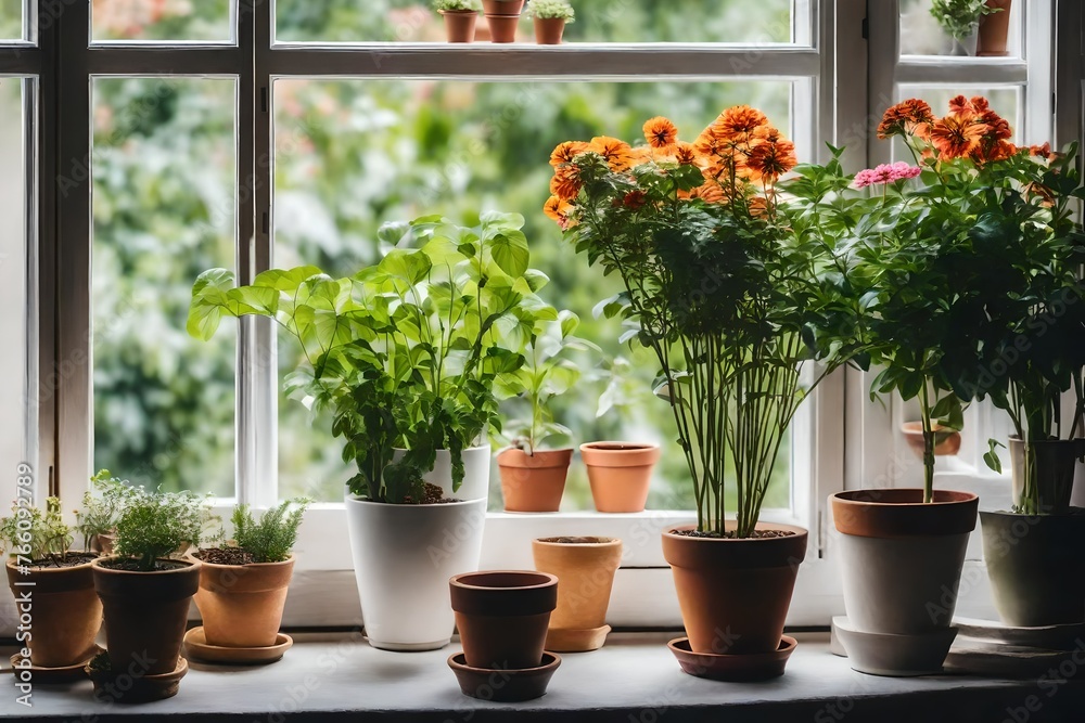 flowers in pots on the windowsill
