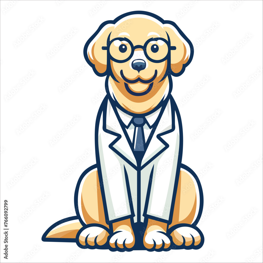 Obraz premium golden Retriever dog sitting and wearing glasses vector, dog cartoon illustration, cute dog doctor design 