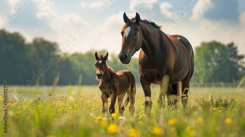 Over meadow grass, a mother horse and her young foal are playing alongside it bonding love and space, Generative AI.