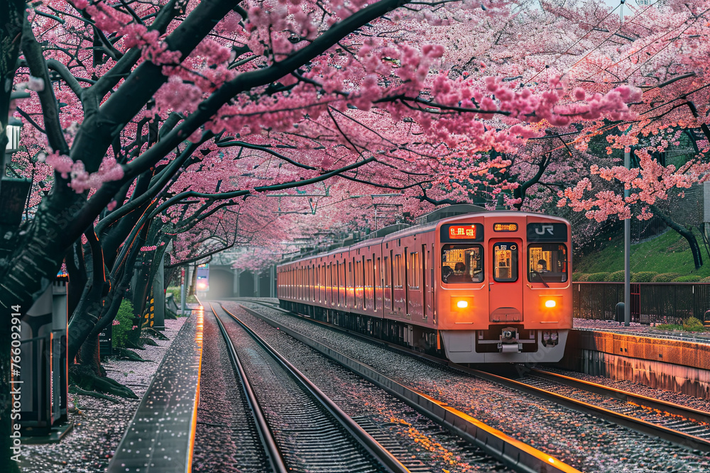 Fototapeta premium A train passing by surrounded by beautiful cherry blossom trees