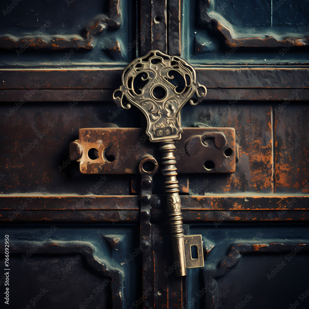 Close-up of an old-fashioned key unlocking a mysterious door